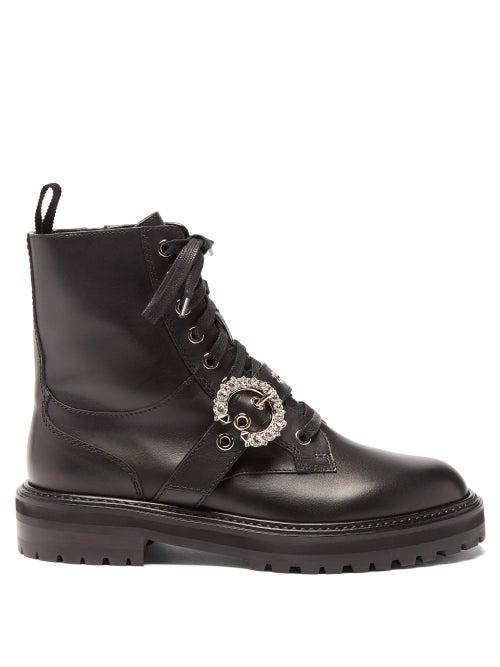 Ladies Shoes Jimmy Choo - Cora Crystal-buckle Leather Boots - Womens - Black