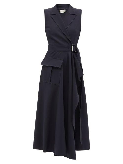 Alexander Mcqueen - Tailored Wool-blend Crepe Wrap Dress - Womens - Navy