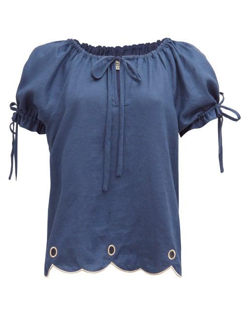 Matchesfashion.com Innika Choo - Daily Graind Embroidered Linen Blouse - Womens - Navy