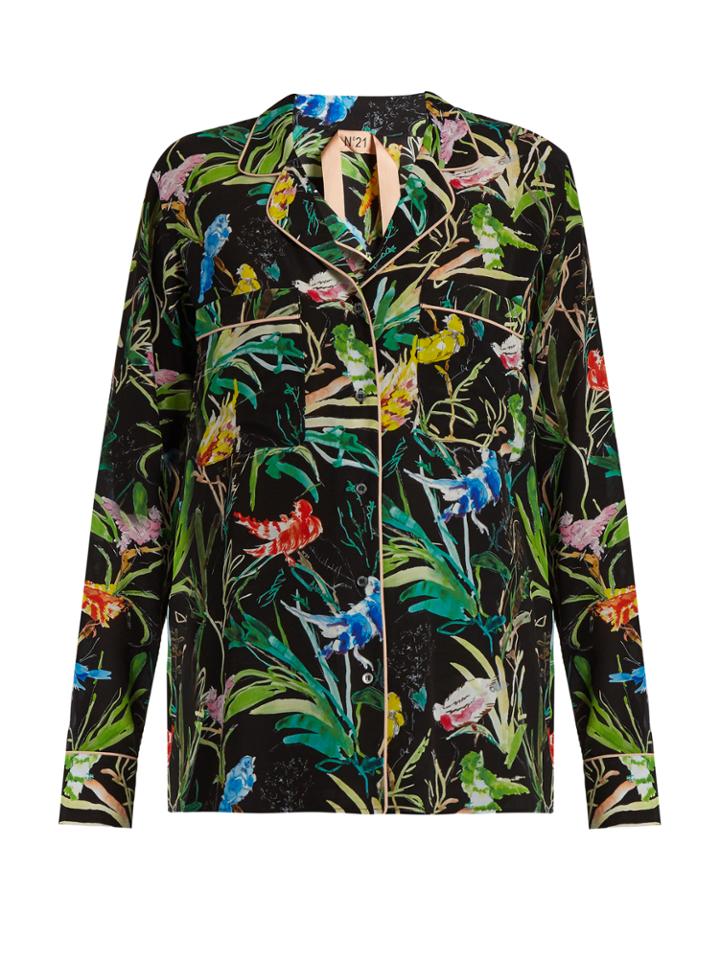 No. 21 Bird-print Silk-crepe Shirt