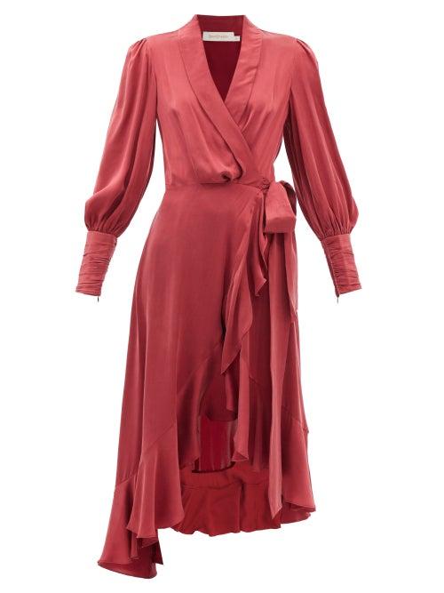 Zimmermann - Flounced Silk-satin Wrap Dress - Womens - Burgundy