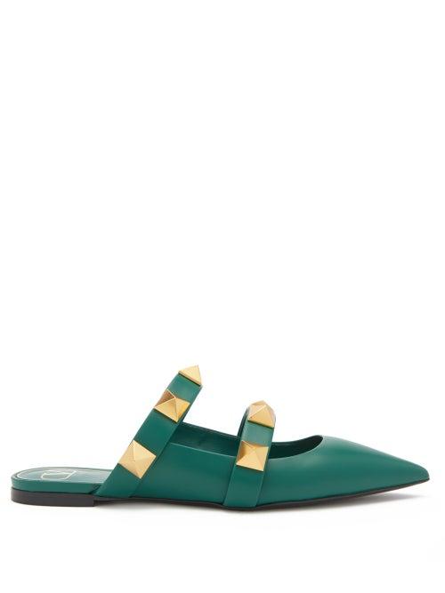 Matchesfashion.com Valentino Garavani - Roman Stud Two-strap Leather Mules - Womens - Green