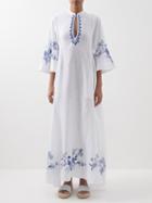 Thierry Colson - Rachel Embroidered Linen Kaftan - Womens - White Blue