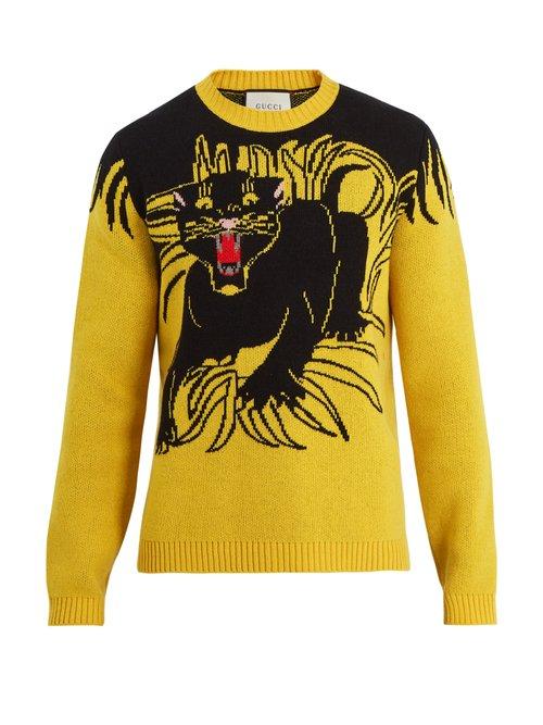 Matchesfashion.com Gucci - Panther Intarsia Knit Wool Sweater - Mens - Yellow Multi