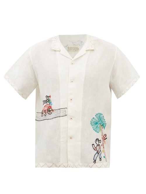 Harago - Embroidered Linen Short-sleeved Shirt - Mens - White Multi