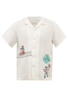 Harago - Embroidered Linen Short-sleeved Shirt - Mens - White Multi