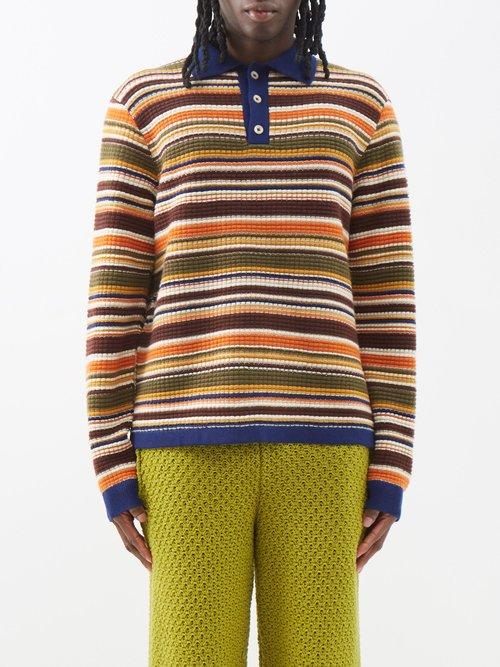 The Elder Statesman - Striped Waffle-knit Cashmere Polo Shirt - Mens - Navy Stripe