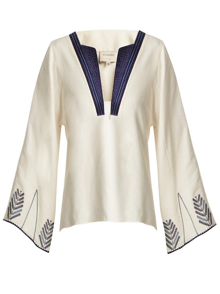 Zeus + Dione Embroidered Raw Silk V-neck Top