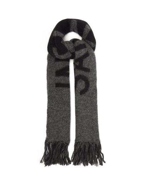 Saint Laurent - Logo-jacquard Fringed Wool-blend Scarf - Womens - Grey Multi