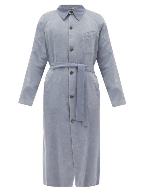 Matchesfashion.com Rochas - Marble-dyed Silk Trench Coat - Mens - Light Blue