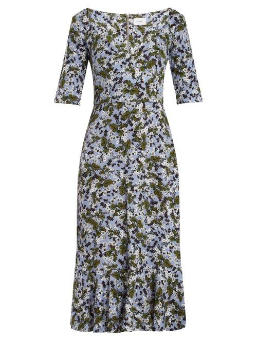 Matchesfashion.com Erdem - Glenys Floral Print Jersey Midi Dress - Womens - Blue Print