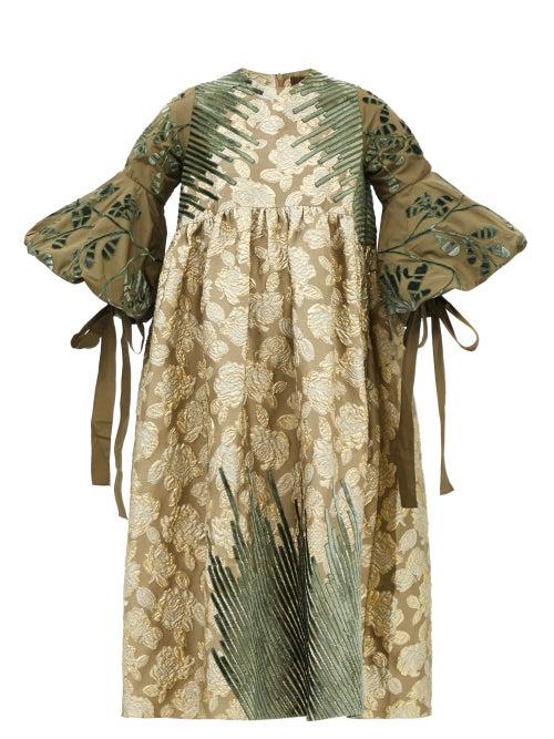 Biyan - Lipa Floral-cloqu & Velvet-appliqu Dress - Womens - Green Multi