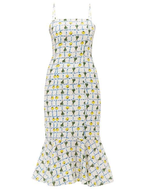 Matchesfashion.com Staud - Vegetable Print Fishtail Hem Linen Midi Dress - Womens - Ivory Multi