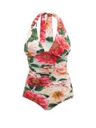 Matchesfashion.com Dolce & Gabbana - Floral-print Ruched Halterneck Swimsuit - Womens - Pink Print