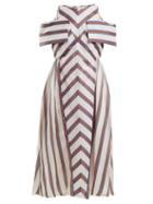 Matchesfashion.com Fendi - Striped Off The Shoulder Silk Blend Dress - Womens - Brown Stripe