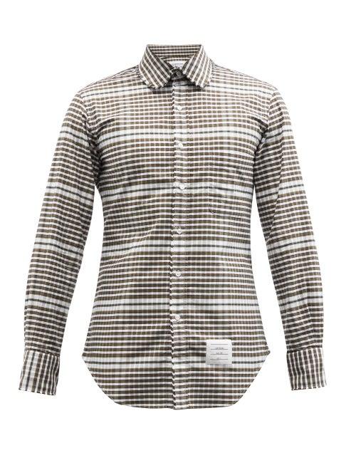 Mens Rtw Thom Browne - Frayed Checked Cotton-oxford Shirt - Mens - Green