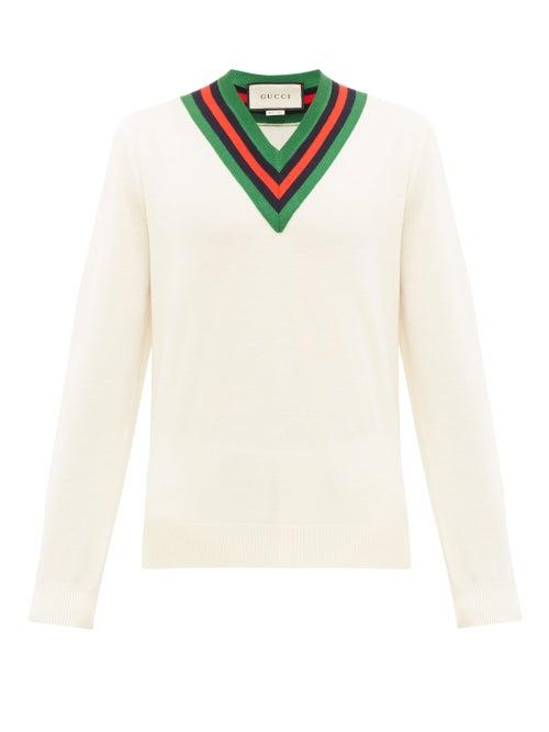 Matchesfashion.com Gucci - Web Stripe V Neck Wool Sweater - Mens - White