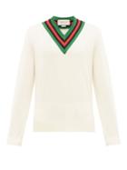 Matchesfashion.com Gucci - Web Stripe V Neck Wool Sweater - Mens - White
