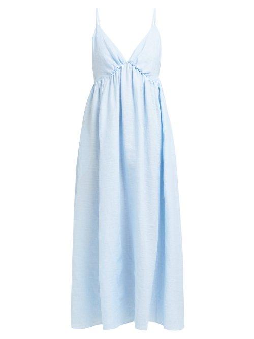 Matchesfashion.com Loup Charmant - Adelaide V Neck Linen Midi Dress - Womens - Blue