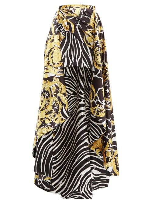 Matchesfashion.com Versace - Baroque & Zebra Print Duchess Satin Wrap Skirt - Womens - Black Multi