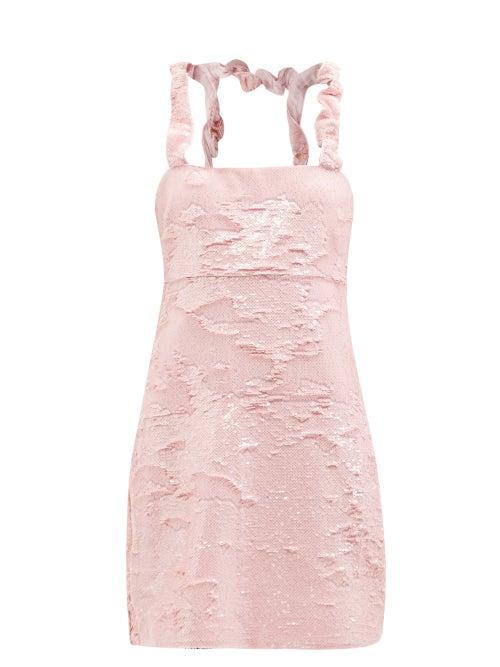 Ganni - Ruffled-straps Sequinned Mini Dress - Womens - Light Pink