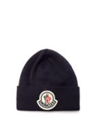 Matchesfashion.com Moncler - Logo-patch Wool-jersey Beanie Hat - Mens - Navy