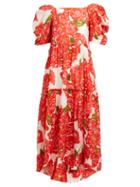 Matchesfashion.com Rhode - Aurora Rose Print Voile Midi Dress - Womens - Red White