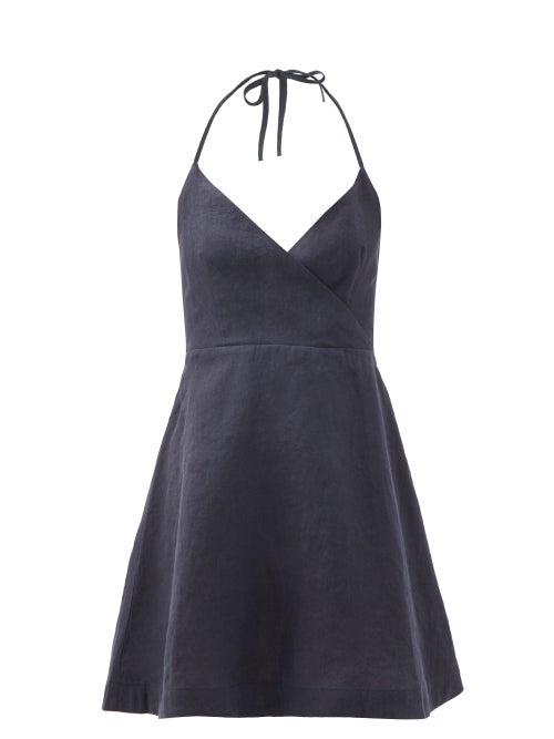 Matchesfashion.com Casa Raki - Ofelia Back-ties Organic-linen Mini Dress - Womens - Navy