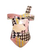 Matchesfashion.com Self-portrait - Geometric Printed One Shoulder Bardot Swimsuit - Womens - Multi