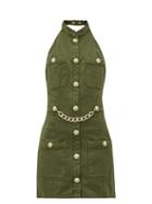 Matchesfashion.com Balmain - Halterneck Cotton Blend Canvas Mini Dress - Womens - Khaki
