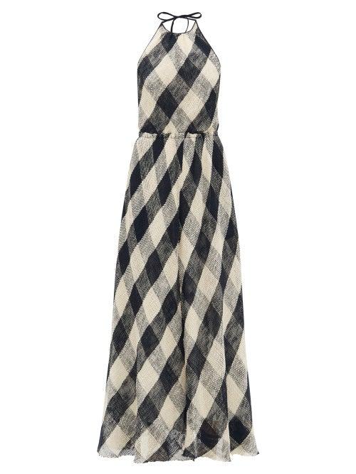 Matchesfashion.com Raey - Halterneck Open-weave Checked Cotton Dress - Womens - Navy Multi