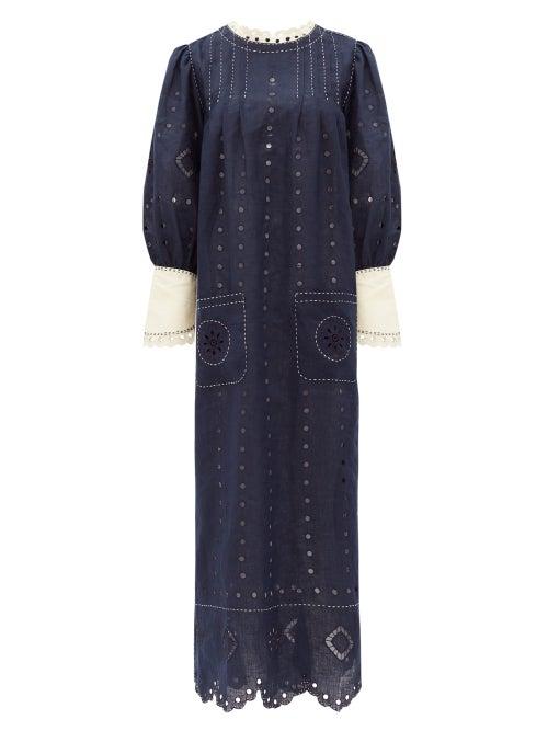 Matchesfashion.com Vita Kin - Charlie Broderie-anglaise Linen Dress - Womens - Navy White