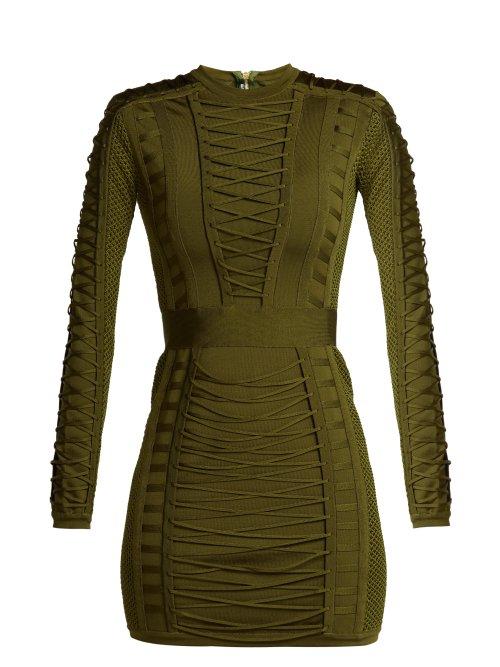 Matchesfashion.com Balmain - Lace Up Stretch Knit Mini Dress - Womens - Khaki