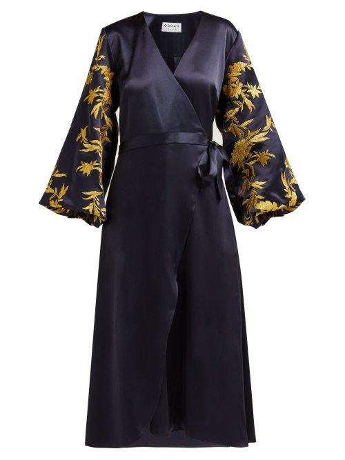 Matchesfashion.com Osman - Embroidered Satin Wrap Dress - Womens - Navy Gold