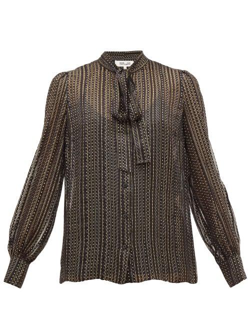 Matchesfashion.com Diane Von Furstenberg - Lanie Metallic Silk Blend Georgette Blouse - Womens - Black Gold
