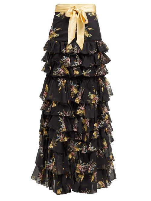 Matchesfashion.com Rodarte - Floral Print Ruffled Silk Blend Skirt - Womens - Black Multi