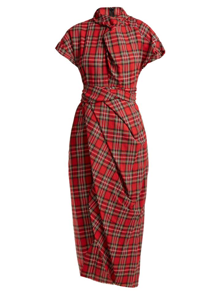 A.w.a.k.e. High-neck Draped Tartan Cotton Dress
