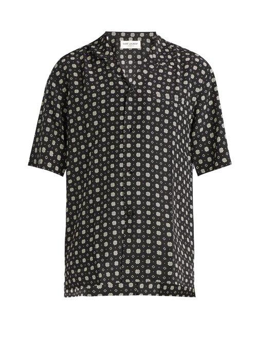 Matchesfashion.com Saint Laurent - Geometric Print Short Sleeved Silk Shirt - Mens - Black