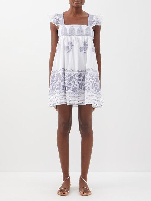 Juliet Dunn - Floral-print Cotton Mini Dress - Womens - White Blue