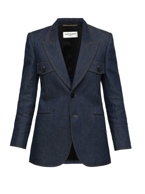Saint Laurent - Single-breasted Denim Suit Jacket - Womens - Dark Denim
