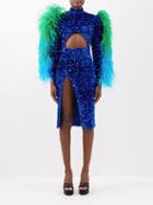 Germanier - Feather-trim Sequinned Side-slit Dress - Womens - Blue Multi