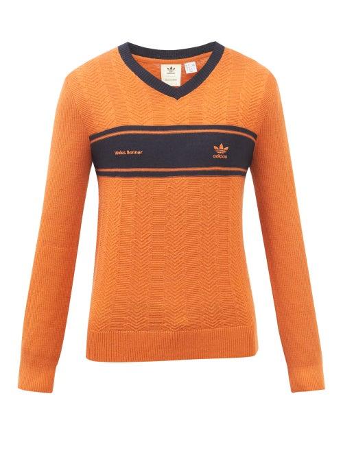 Adidas X Wales Bonner - Logo-embroidered V-neck Wool-blend Sweater - Mens - Orange