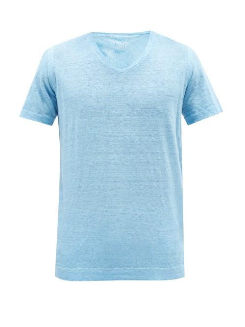 120 Lino 120% Lino - V-neck Linen-jersey T-shirt - Mens - Blue