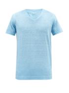120 Lino 120% Lino - V-neck Linen-jersey T-shirt - Mens - Blue