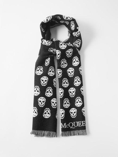 Alexander Mcqueen - Skull-jacquard Fringed Wool Scarf - Mens - Black Multi