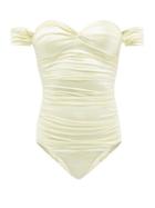 Isa Boulder - Together Off-the-shoulder Ruched Swimsuit - Womens - Light Yellow