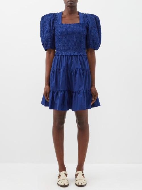 Sea - Sloane Puff-sleeve Smocked-cotton Mini Dress - Womens - Cobalt Blue