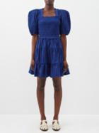 Sea - Sloane Puff-sleeve Smocked-cotton Mini Dress - Womens - Cobalt Blue