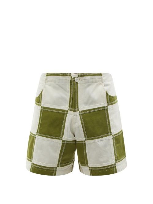Smr Days - Vathi Patchwork Cotton Herringbone-twill Shorts - Mens - Green White