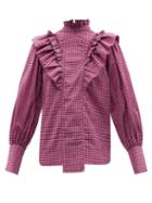 Ganni - High-neck Ruffled Gingham Seersucker Blouse - Womens - Pink Multi